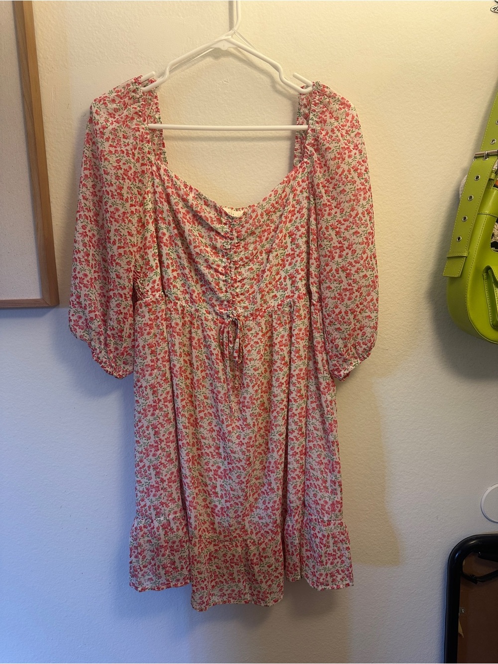 Lush Pink Floral Puff-Sleeve Midi Dress